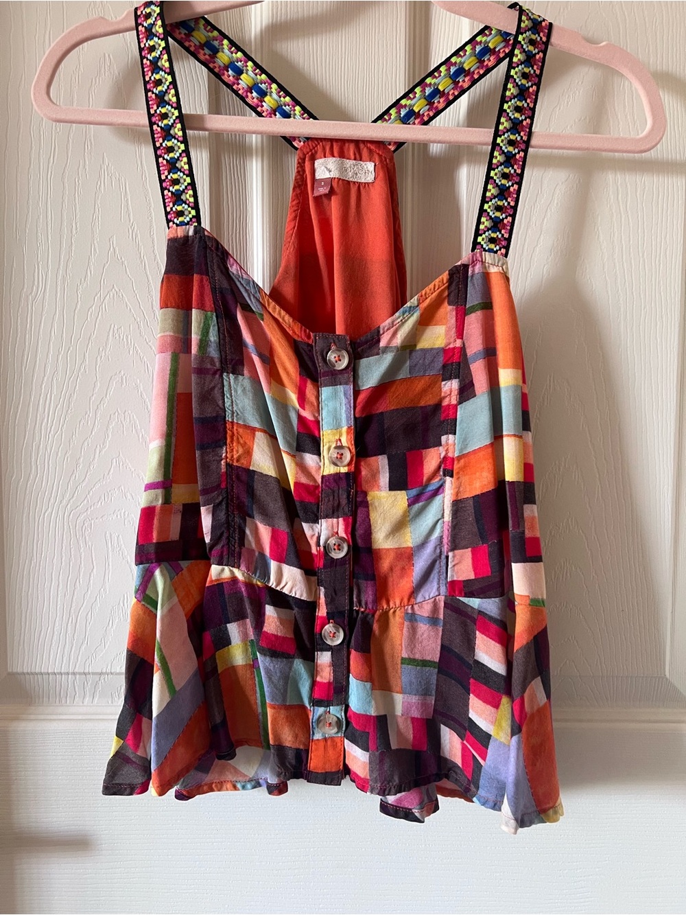 Pilcro Multicolor Geometric Plaid Braided Button-Front Sleeveless Crop Top SM